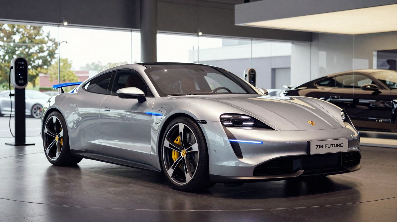 Carro elétrico desportivo Porsche 718 Future cinzento exibido numa exposição moderna com carregadores ao fundo.