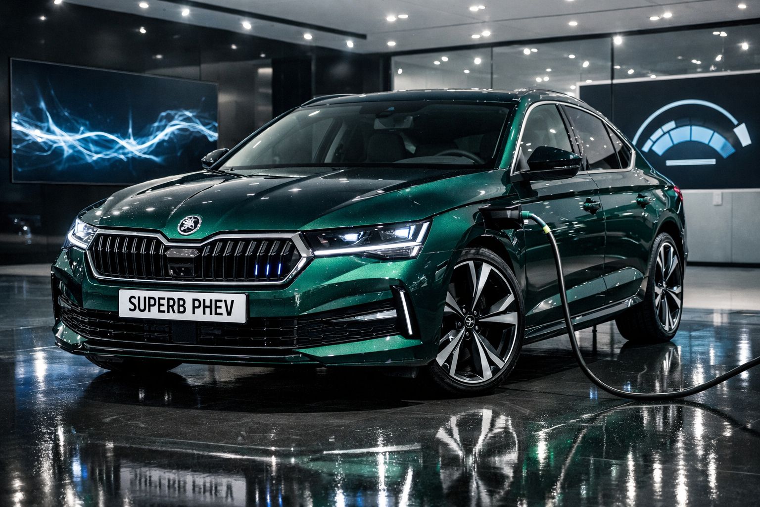 Carro híbrido plug-in Skoda Superb PHEV verde a carregar num posto interior moderno.