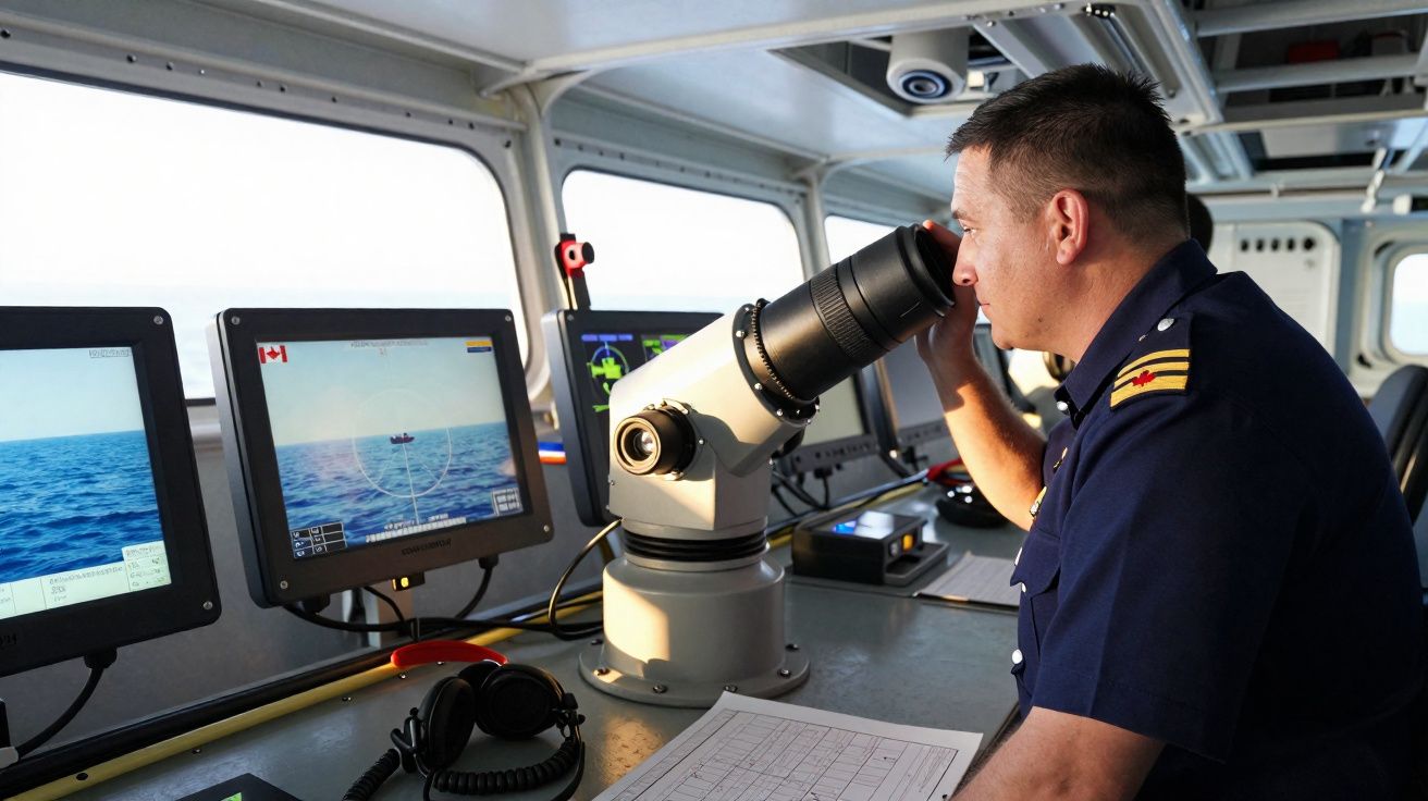 Marinheiro observa através de telescópio em ponte de comando de navio, com monitores e gráficos à frente.