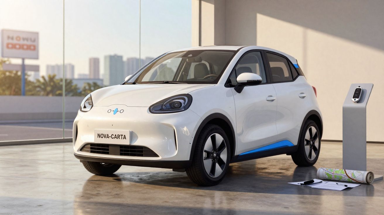 Carro elétrico branco NOVA-CARTA estacionado interiormente junto a estação de carregamento e mapas no chão.