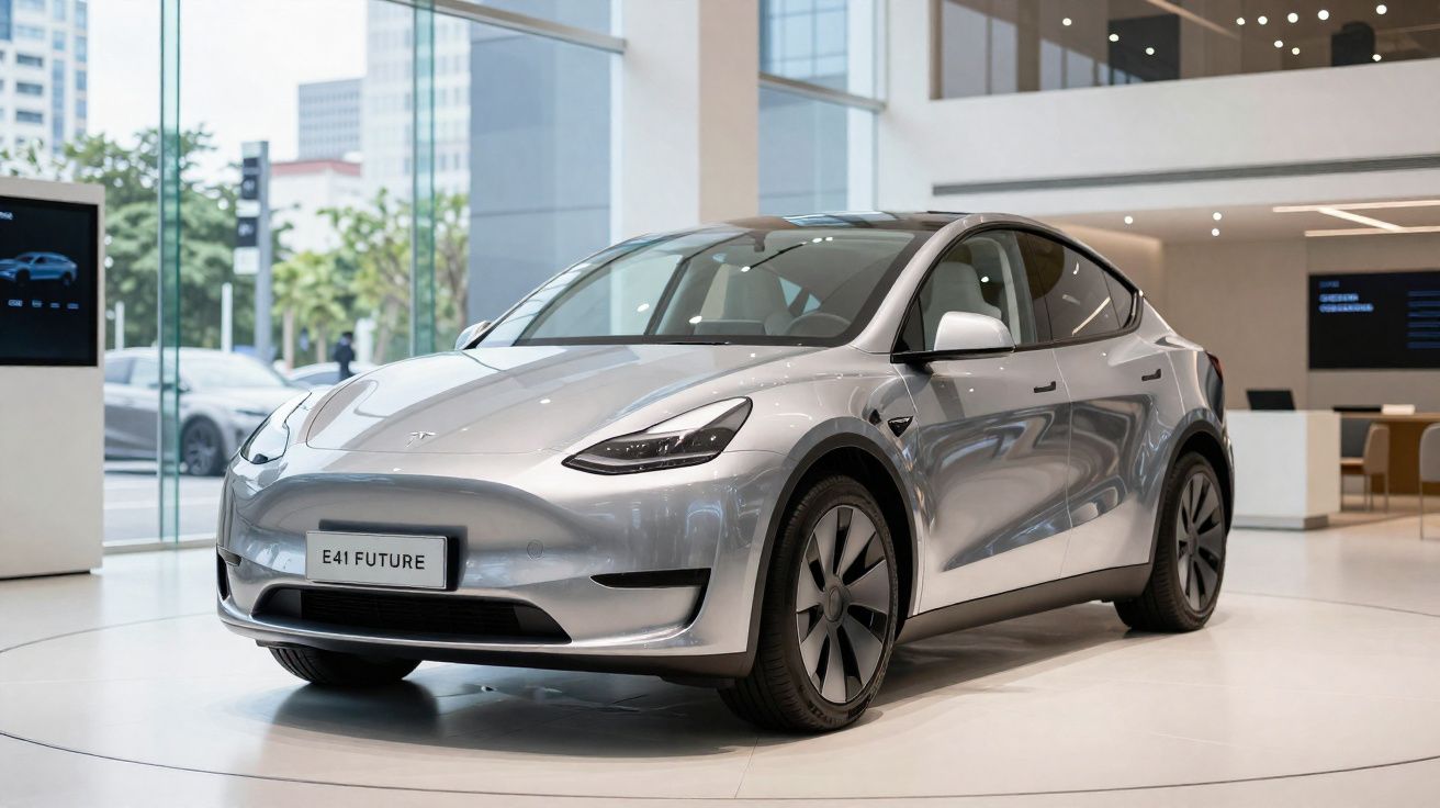 Carro elétrico prata Tesla Model 3 exposto em showroom moderno com grandes janelas.