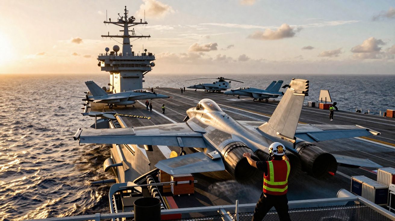 Porta-aviões no mar ao pôr do sol com jatos militares e tripulantes a preparar decolagem.