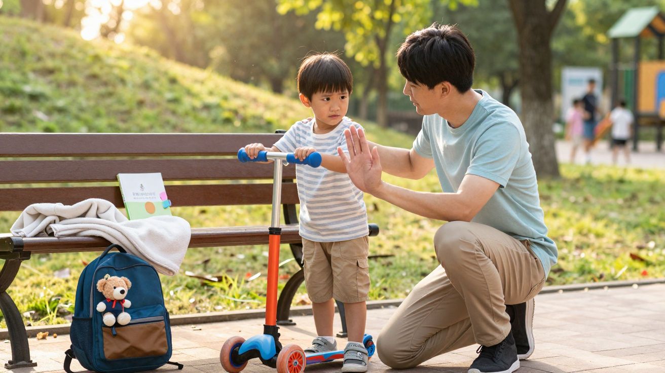 Pai a conversar com o filho numa trotinete num parque, com mochila e banco ao fundo.