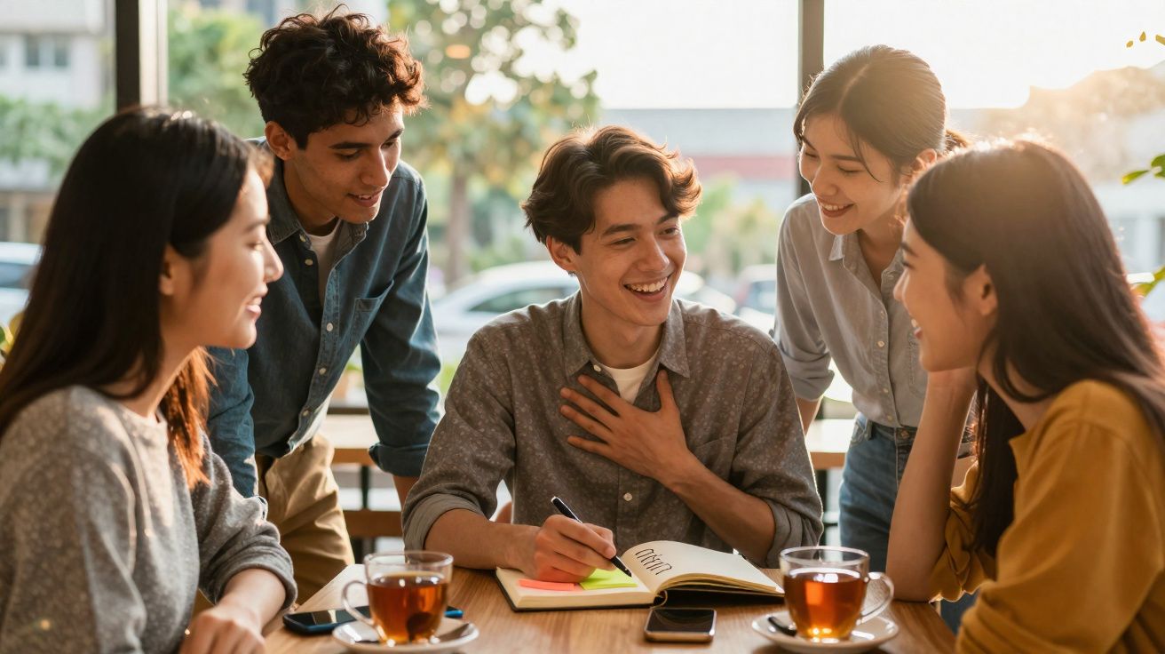 Grupo de jovens felizes a conversarem à volta de uma mesa com chá e cadernos numa tarde ensolarada.