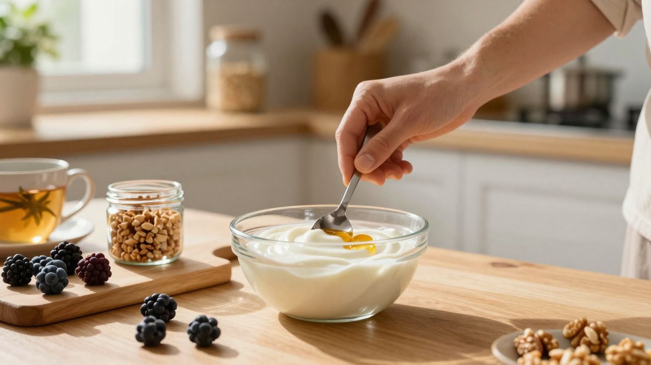 Mão a mexer iogurte com mel numa tigela de vidro numa cozinha com frutos e chá ao fundo.