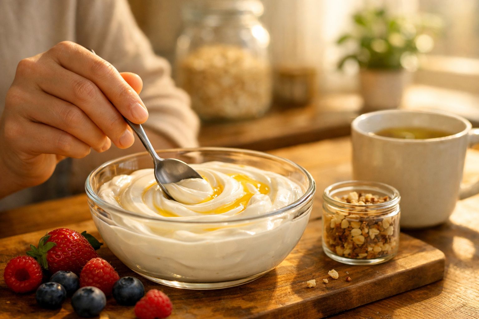 Tigela de iogurte com mel, frutas vermelhas, granola e chá numa mesa de madeira, com mão a mexer o iogurte.