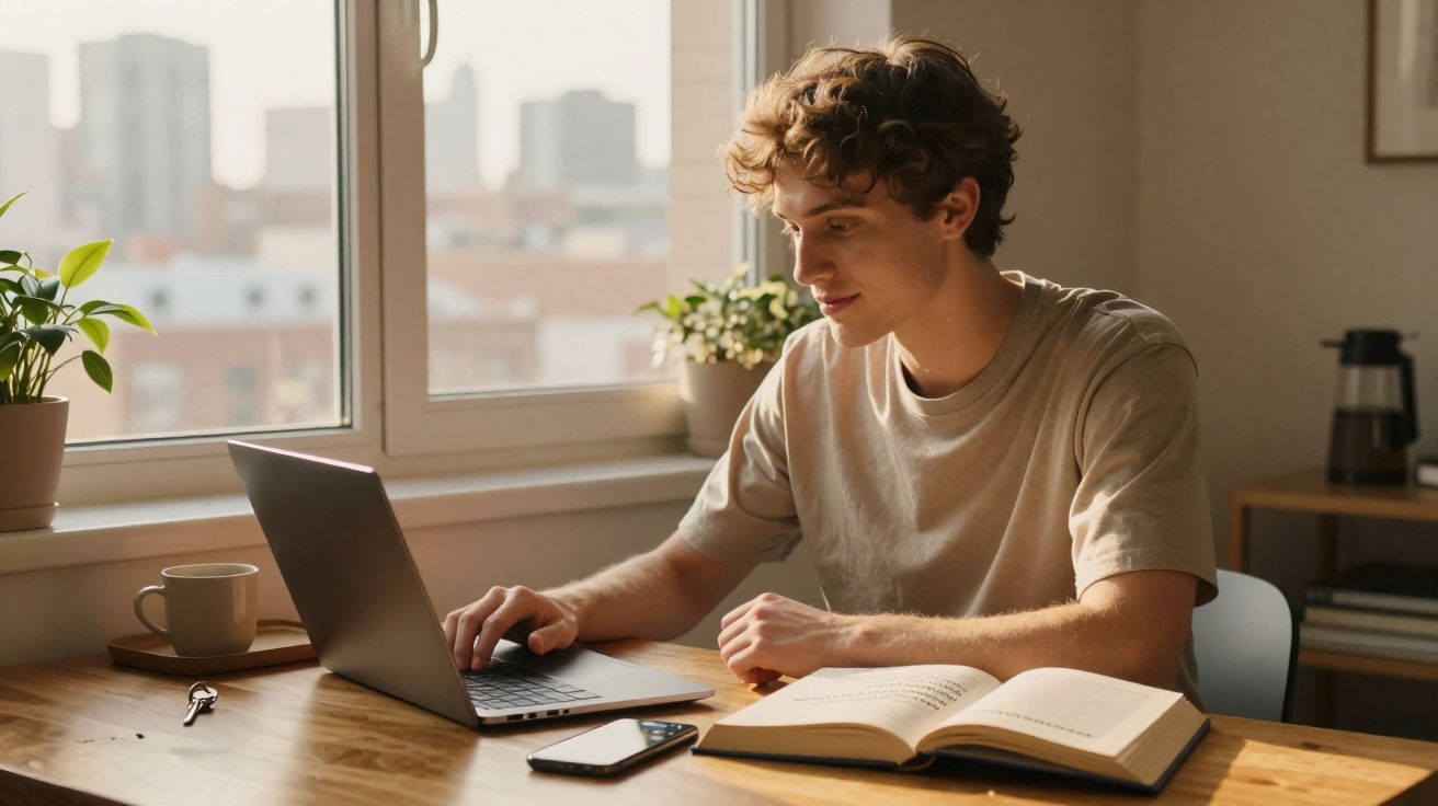 Jovem a trabalhar num computador portátil junto a uma janela, com livro aberto e smartphone numa mesa.