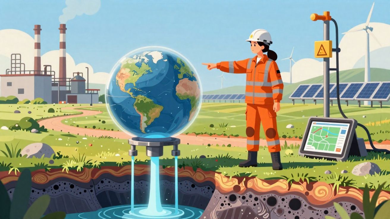 Trabalhadora em equipamento de segurança aponta para globo terrestre em cenário com energia solar, eólica e fábrica.