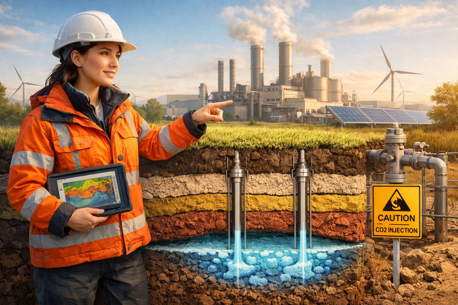 Engenheira com tablet aponta para processo de injeção de CO2 em camadas subterrâneas junto a fonte de energia.