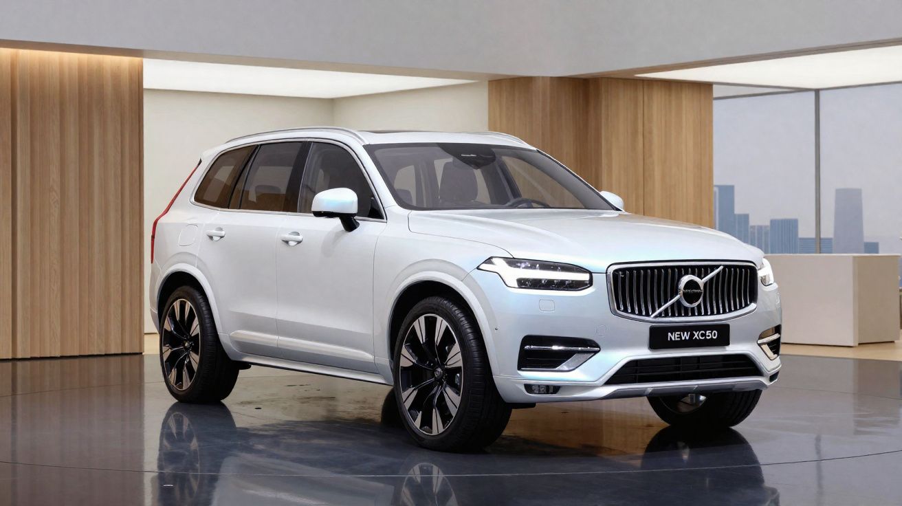 SUV Volvo XC60 branco estacionado em piso brilhante dentro de showroom moderno com vidro e madeira.