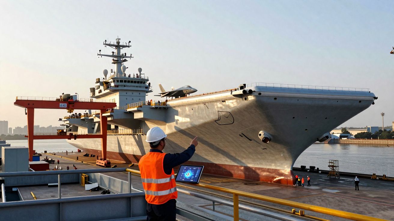 Homem de colete e capacete a apontar para porta-aviões atracado num porto industrial ao amanhecer.