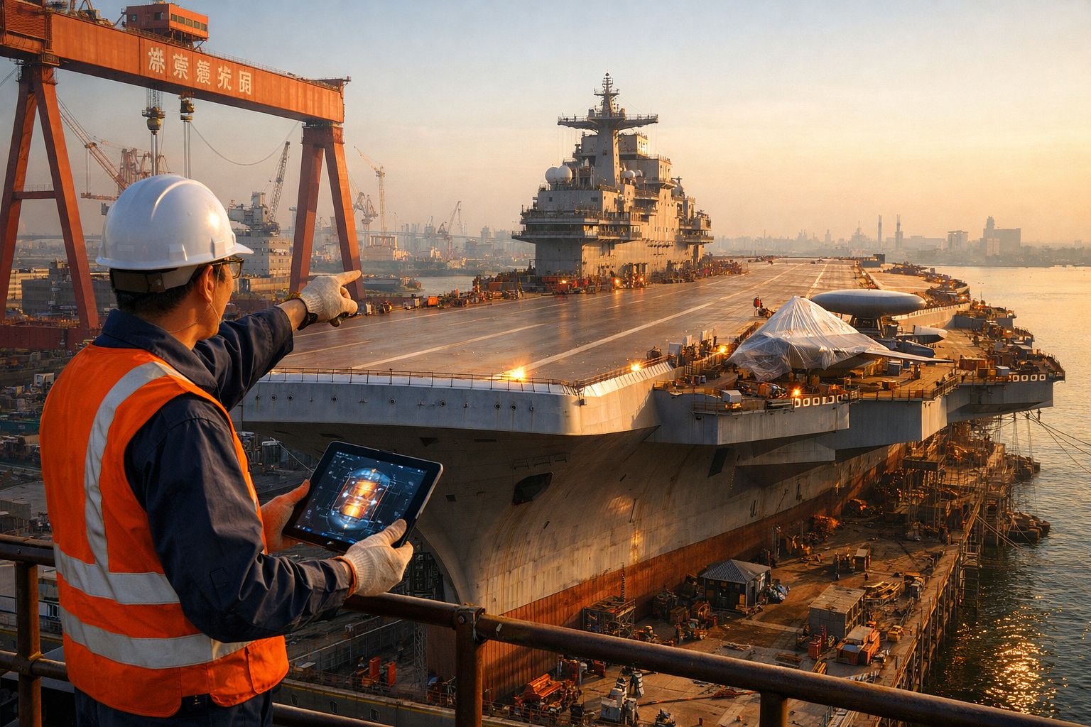 Engenheiro com capacete e colete laranja controla porta-aviões em estaleiro ao pôr do sol.