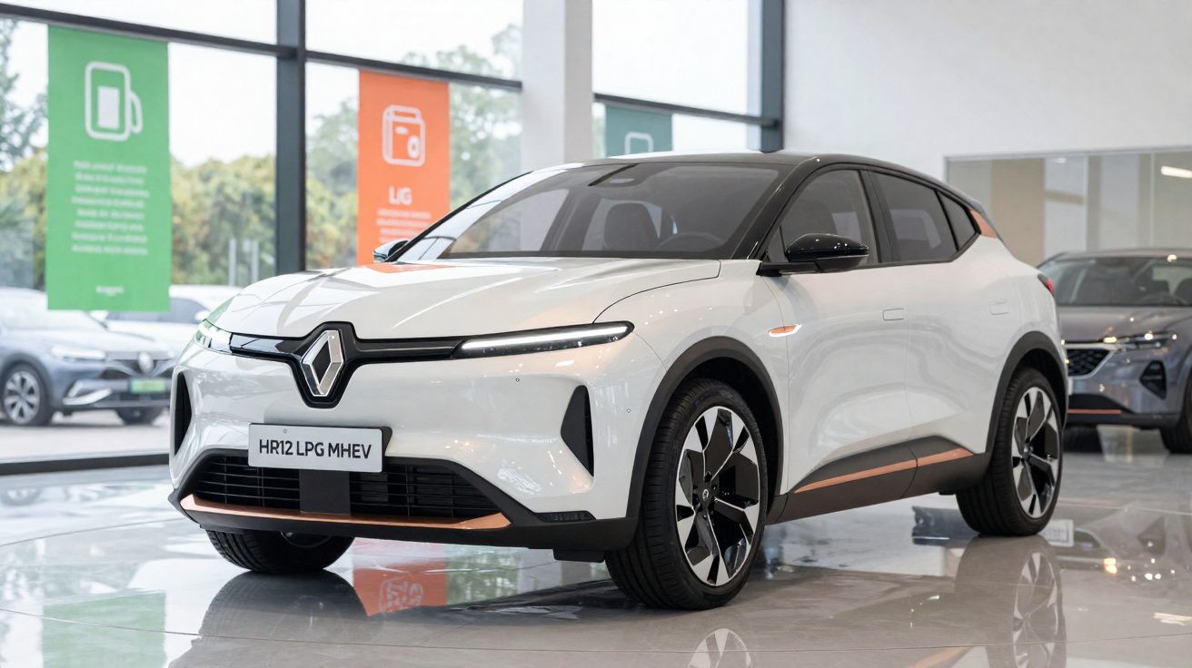 Renault HR12 LPG MHEV branco, SUV elétrico, moderno, exibido em showroom com iluminação natural.