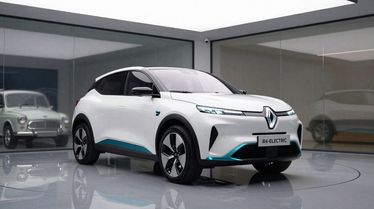 Carro elétrico branco Renault R4 Electric em exposição moderna com fundo espelhado e dois carros antigos refletidos.