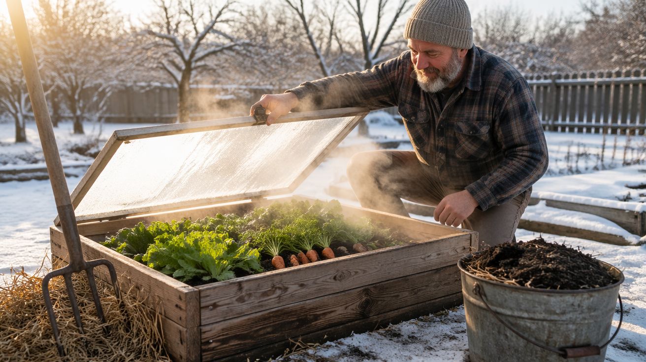 Homem a levantar tampa de caixa de madeira com verduras em estufa improvisada ao ar livre na neve.