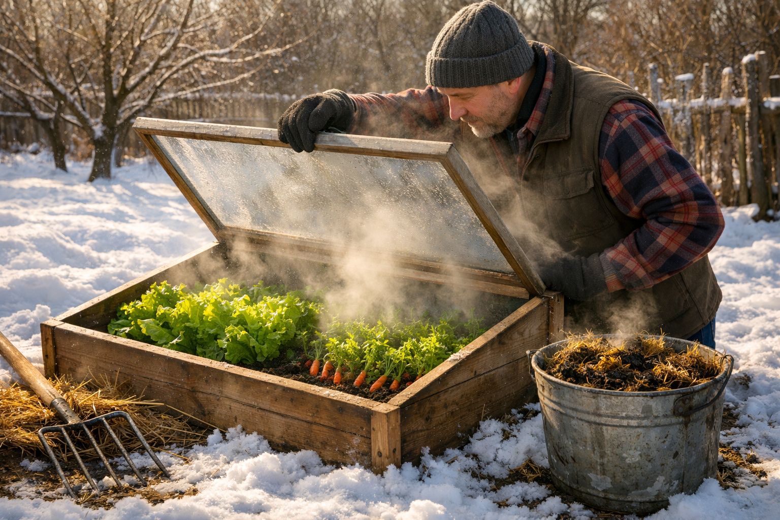 Homem levanta vidro de estufa de madeira com vegetais em crescimento e neve ao redor.