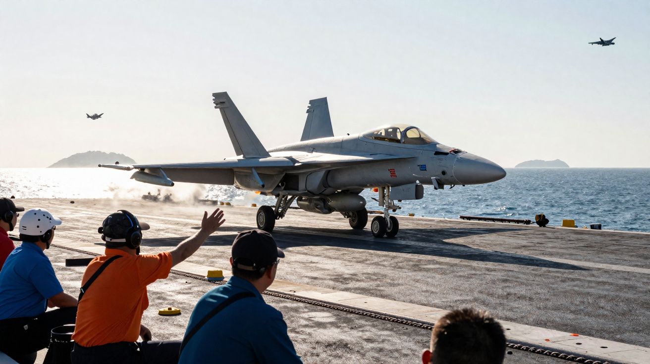 Caça F-18 prepara-se para descolar de porta-aviões com pessoal de apoio ao lado da pista no mar.