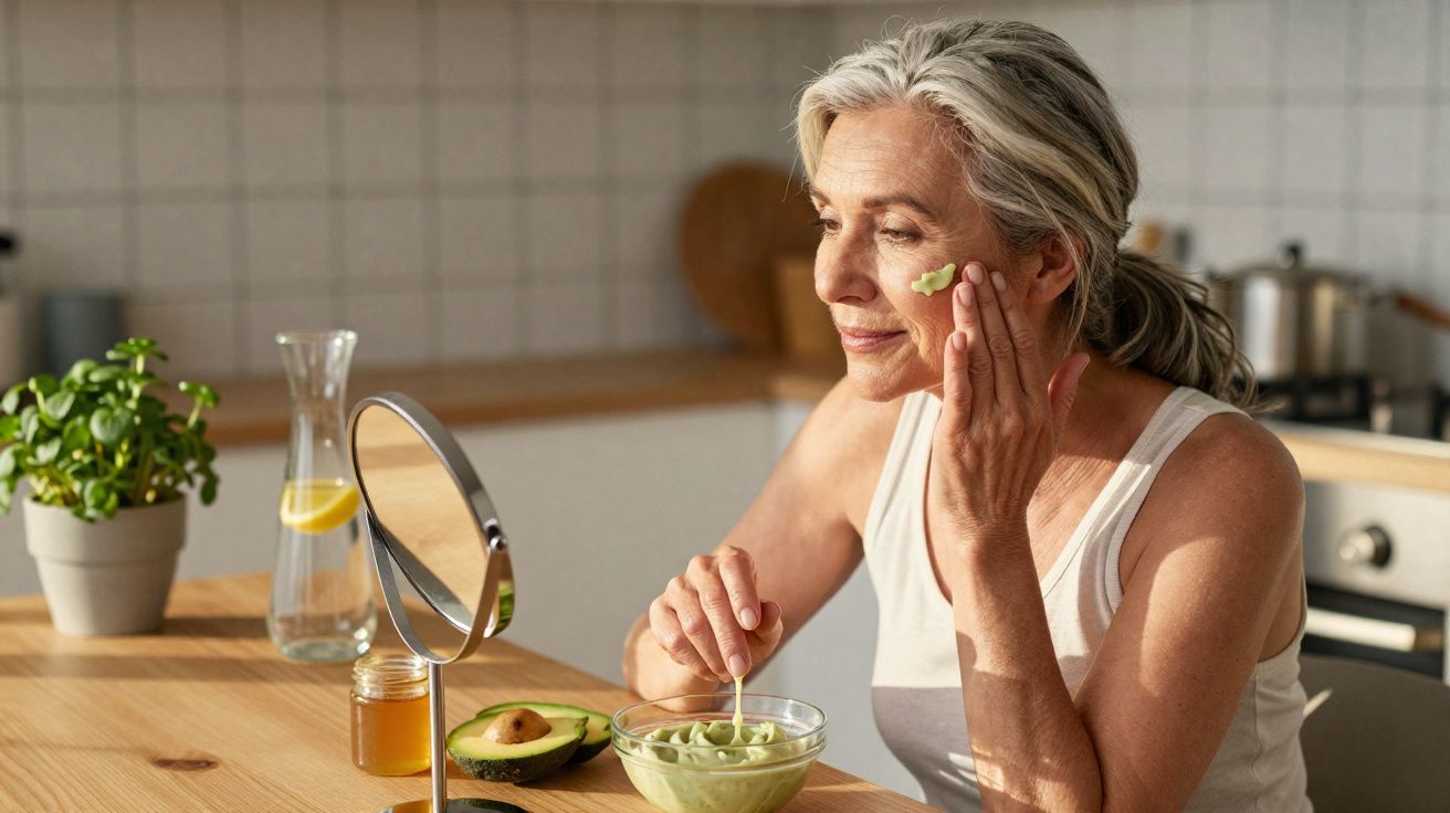 Mulher madura a aplicar creme no rosto numa cozinha com abacate e mel na mesa.