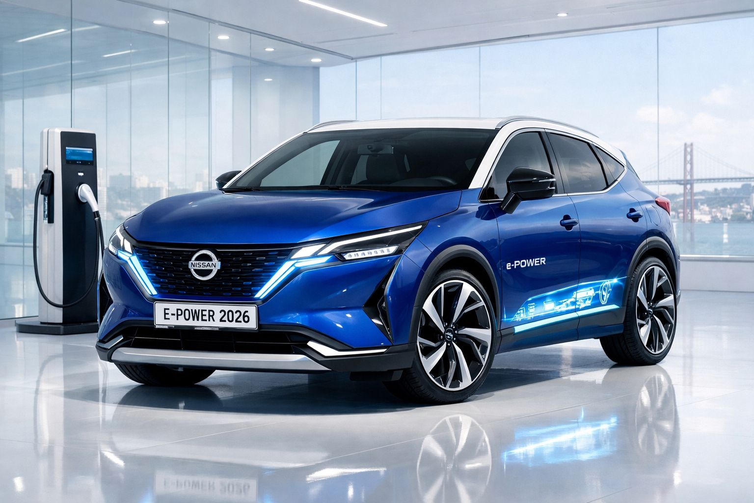 Carro elétrico Nissan e-Power azul 2026 estacionado junto a posto de carregamento em espaço moderno e iluminado.