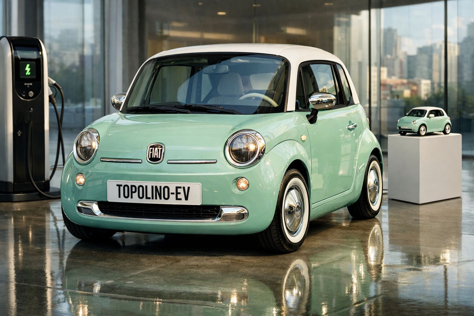 Carro elétrico Fiat Topolino-EV verde claro com tejadilho branco junto a estação de carregamento.