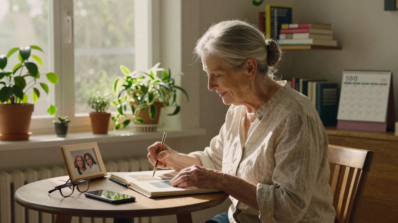 Idosa a pintar num livro enquanto está sentada a uma mesa com plantas, telemóvel e fotografias.