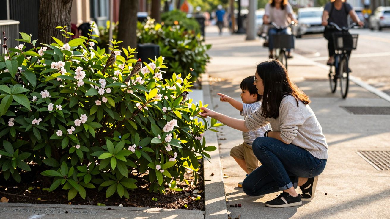 Mulher e criança apontam para flores num arbusto junto a uma calçada numa rua movimentada.