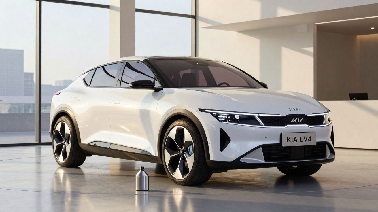 Carro elétrico branco Kia EV4 estacionado em garagem moderna com janelas grandes e garrafa de metal no chão.