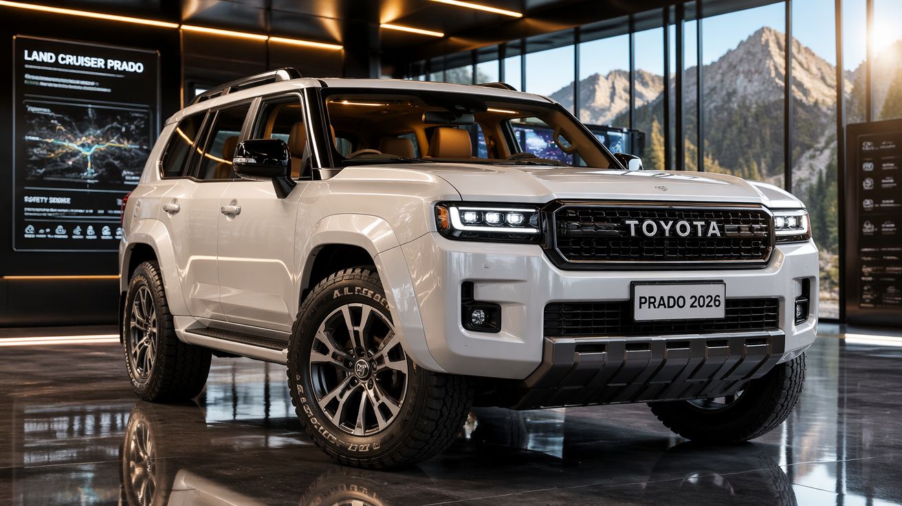 Toyota Land Cruiser Prado 2026 branco estacionado em showroom moderno com montanhas ao fundo.