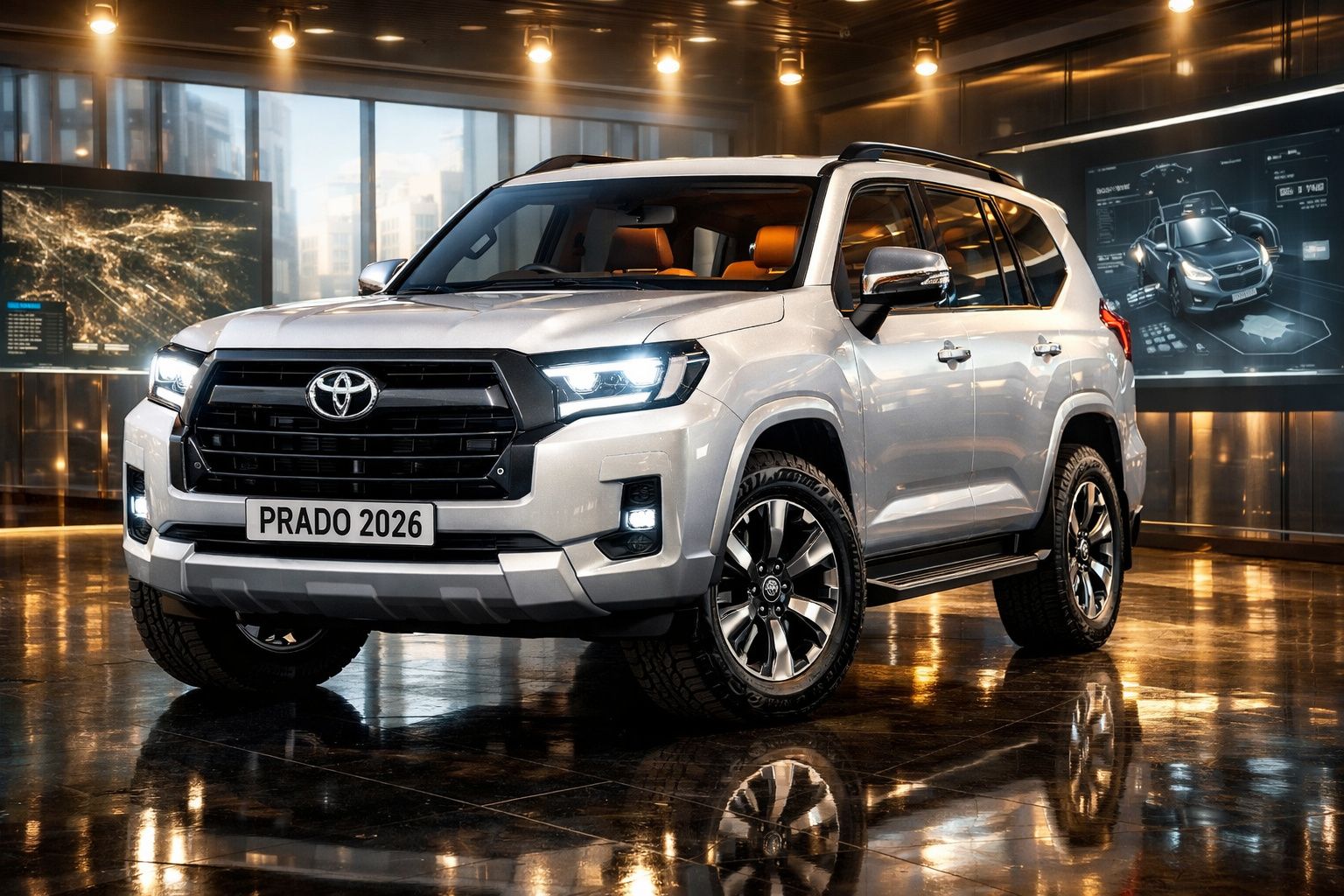 SUV Toyota Prado 2026 prateado em exposição, com luzes dianteiras acesas e interior laranja.