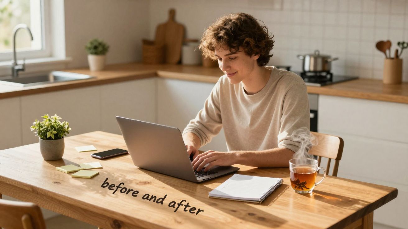 Jovem sentado à mesa da cozinha a usar portátil, com chá quente e caderno ao lado.