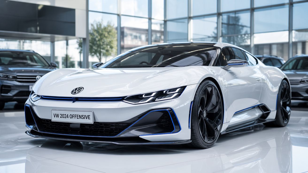 Carro desportivo elétrico branco VW 2024 Offensive com design aerodinâmico em salão de exposições.