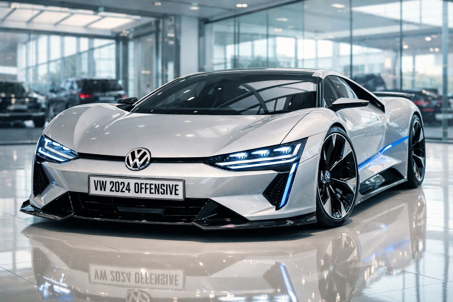 Carro esportivo elétrico Volkswagen 2024 branco com design futurista em exposição interior.