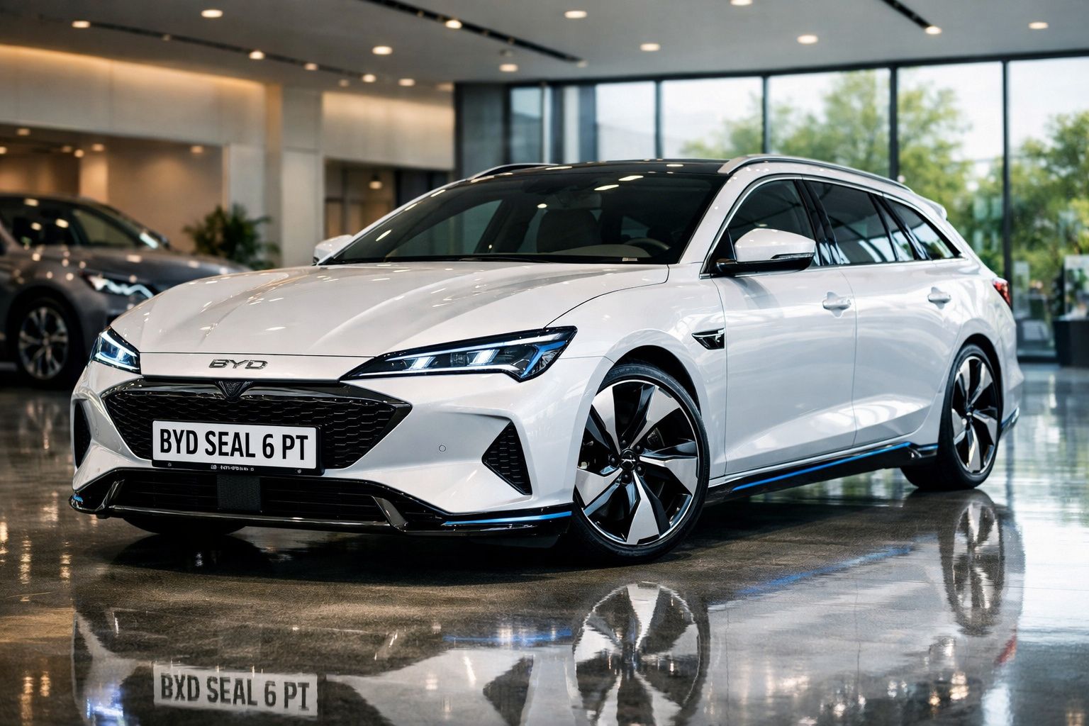 Carro elétrico BYD Seal 6 PT branco estacionado em salão de automóveis com chão reflectivo.