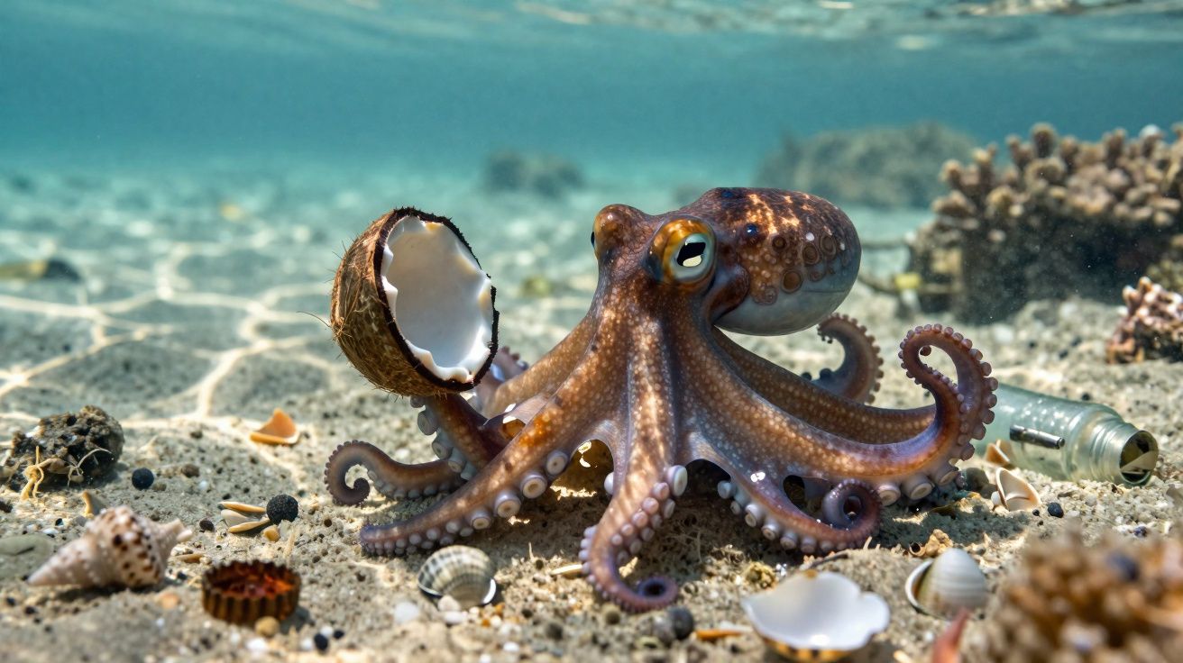 Polvo subaquático a segurar meio coco partido no fundo arenoso do mar rodeado de conchas e um frasco.