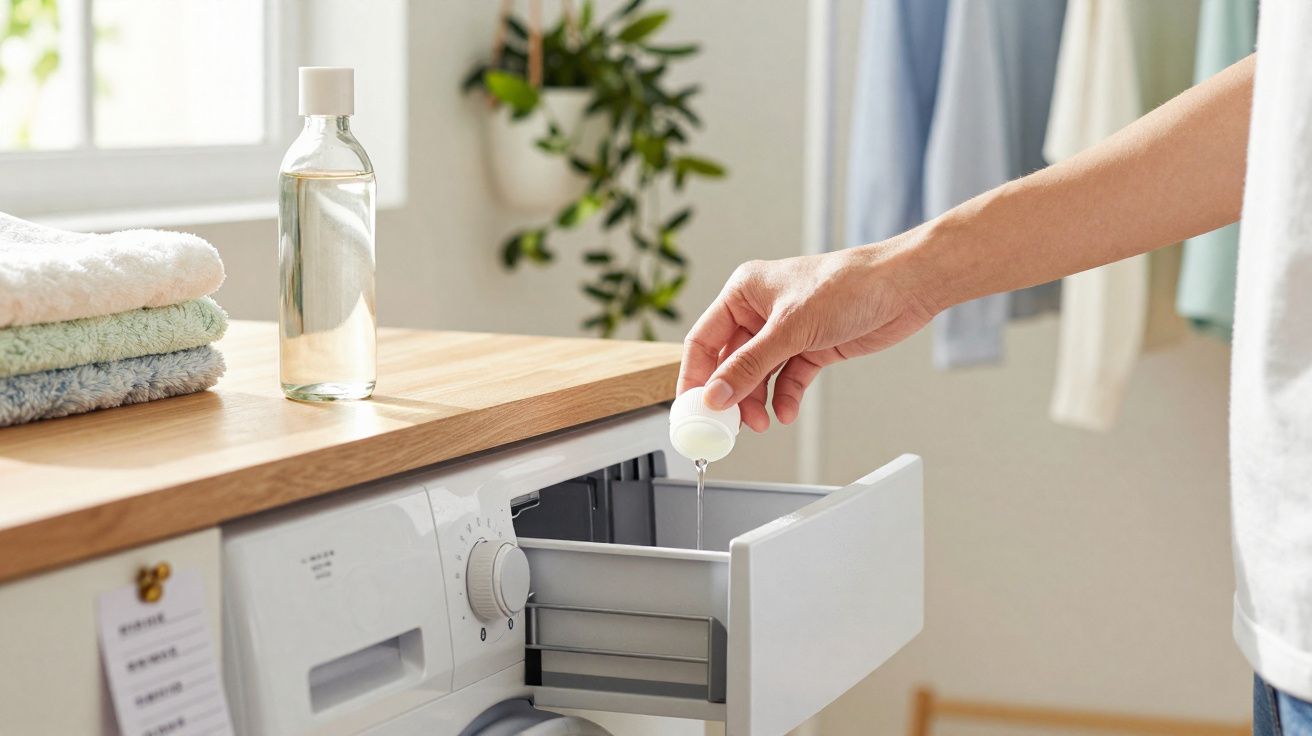 Pessoa a colocar detergente líquido na gaveta de uma máquina de lavar roupa branca numa lavandaria.