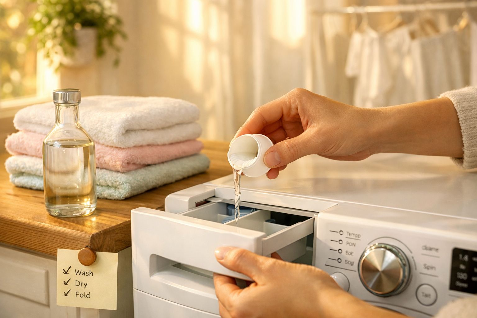 Pessoa a despejar detergente na gaveta da máquina de lavar roupa com toalhas empilhadas ao fundo