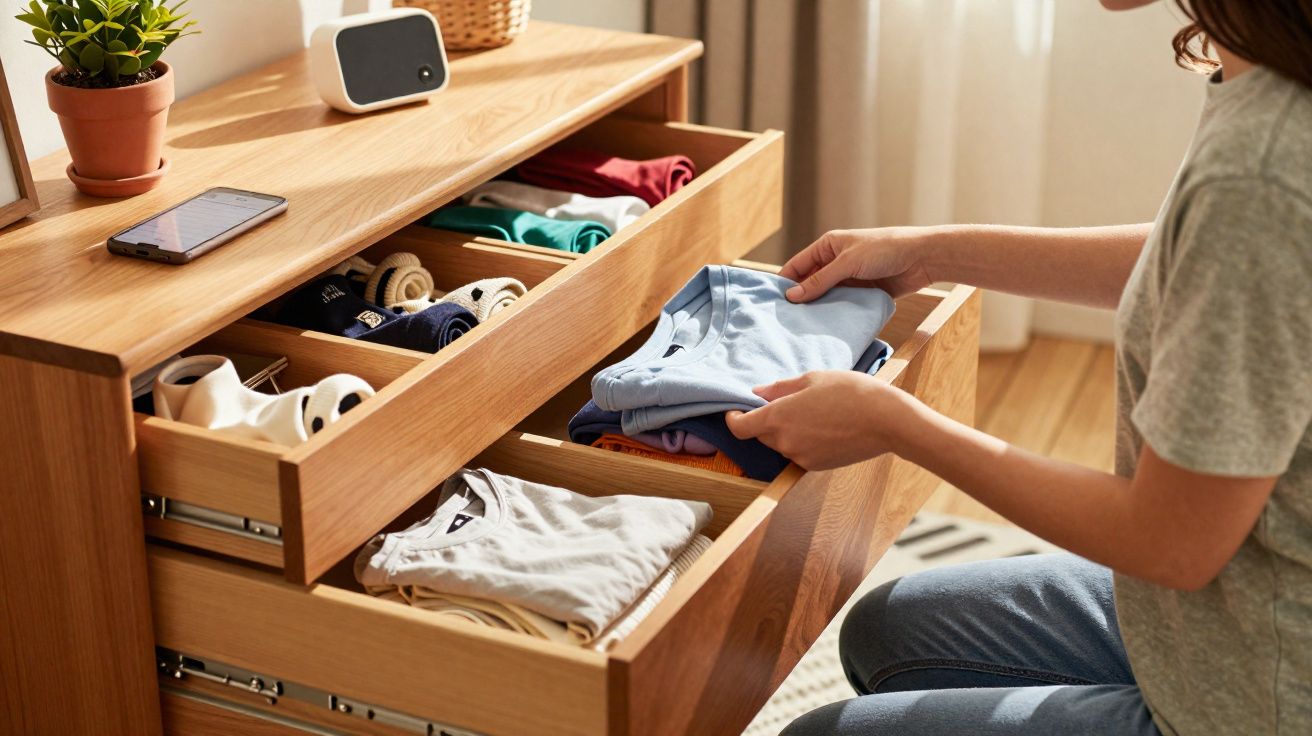 Pessoa a organizar roupa dobrada numa cómoda de madeira clara em quarto com luz natural.
