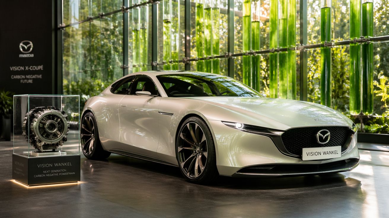 Carro conceito Mazda Vision Wankel branco exposto em showroom com motor Wankel ao lado, ambiente com vidro e plantas verdes.
