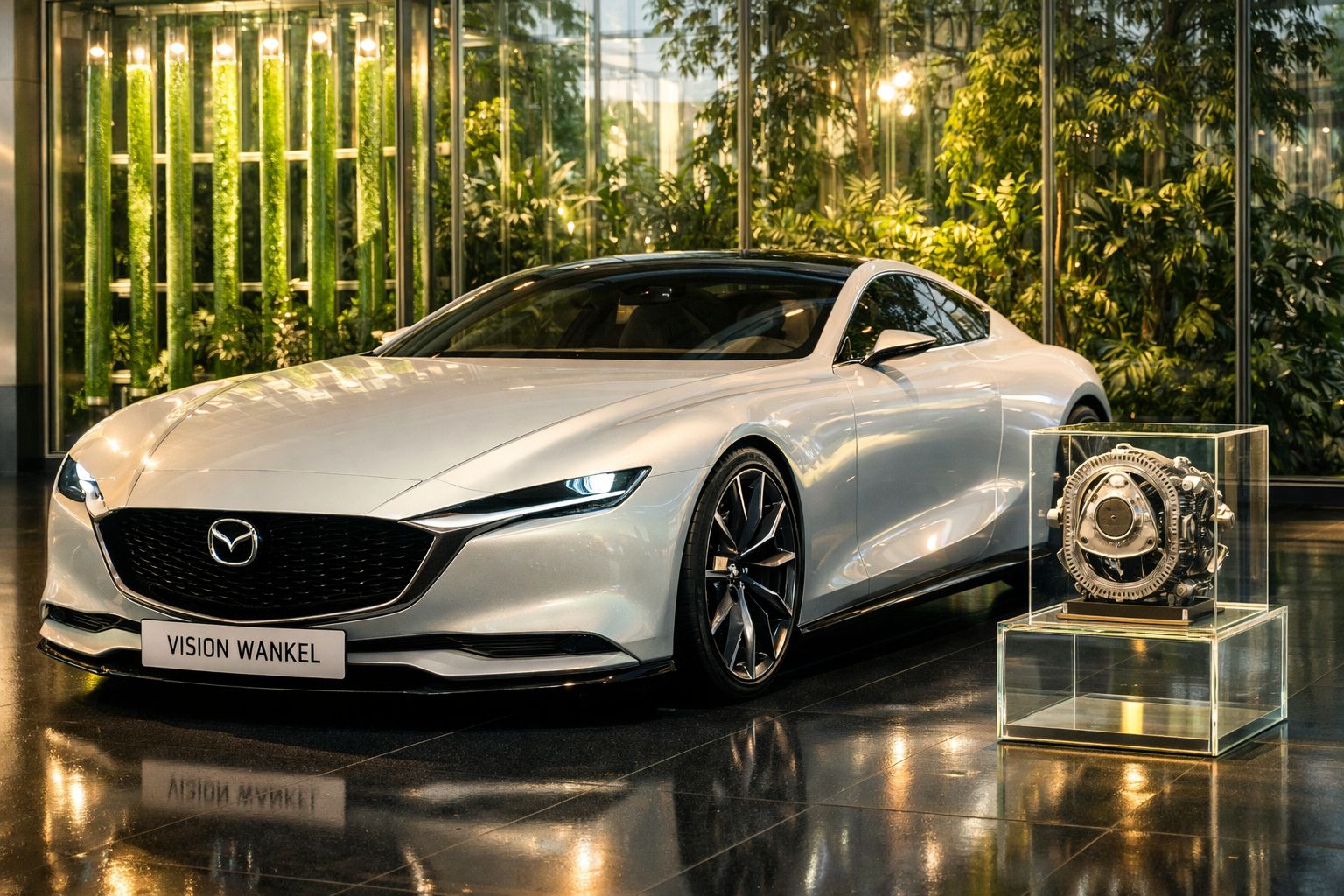 Carro desportivo Mazda Vision Wankel prateado em exposição com motor rotativo numa caixa de vidro ao lado.