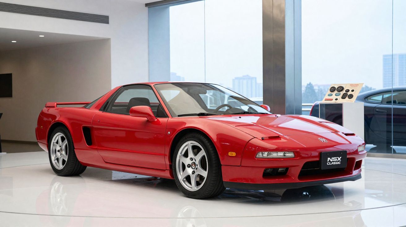 Carro desportivo vermelho Honda NSX Classic exposto num showroom moderno e iluminado.