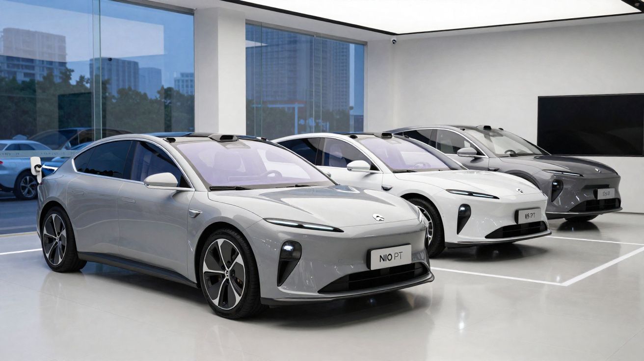 Três carros elétricos NIO estacionados em linha num espaço interior moderno e iluminado.