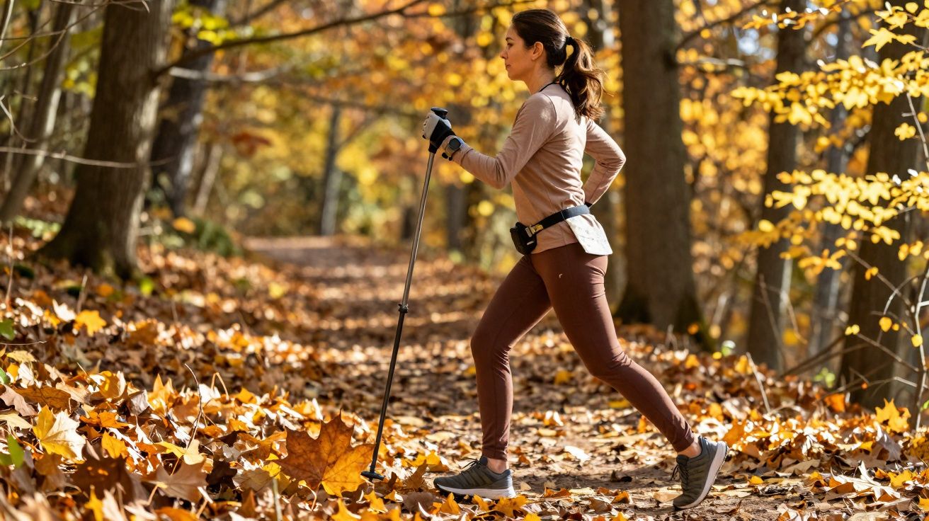 Mulher a praticar caminhada com bastões num trilho coberto de folhas de outono numa floresta.