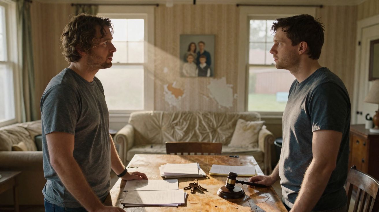 Dois homens de pé, frente a frente numa sala com mesa de madeira, documentos, chaves e um martelo de juiz.