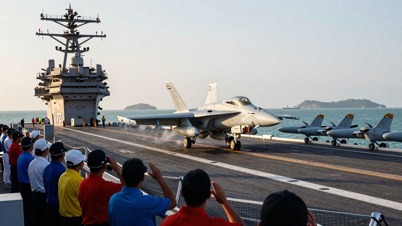 Jato militar a descolar de porta-aviões com tripulação a observar no convés e mar ao fundo.