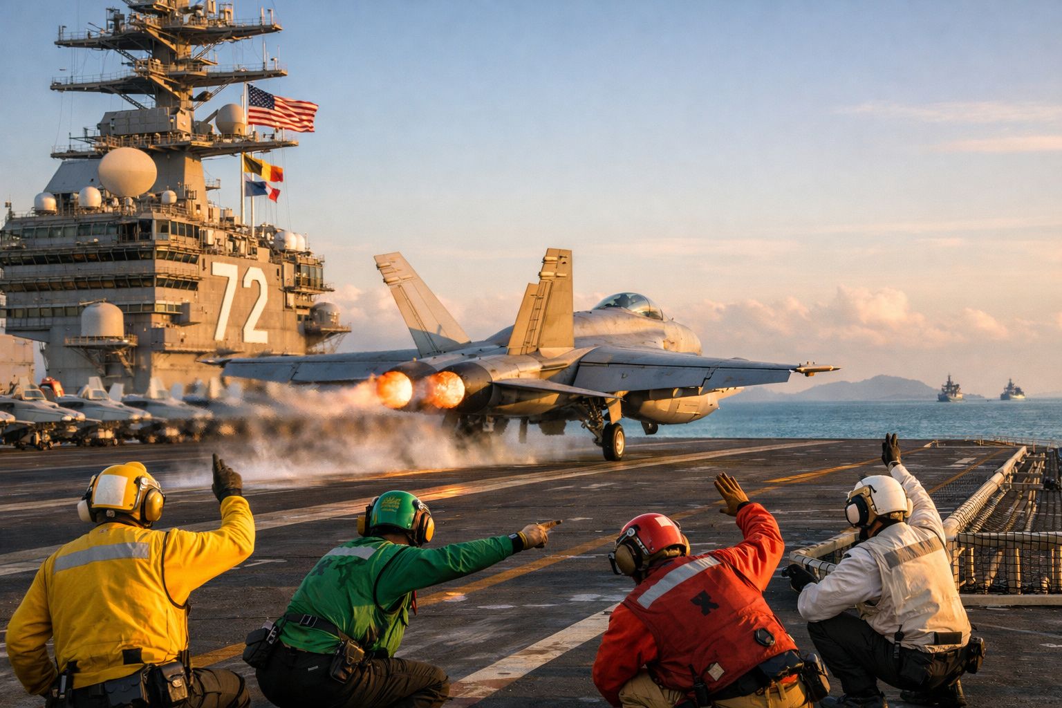 Caça a jato descola de porta-aviões com tripulação a dar instruções no convés durante pôr do sol.