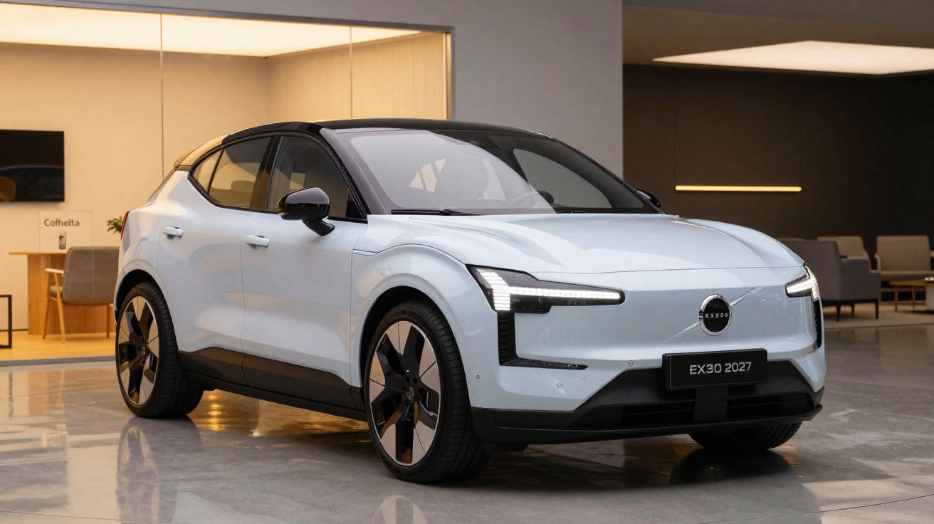 Carro elétrico Volvo EX30 2027 branco estacionado em espaço interior moderno.