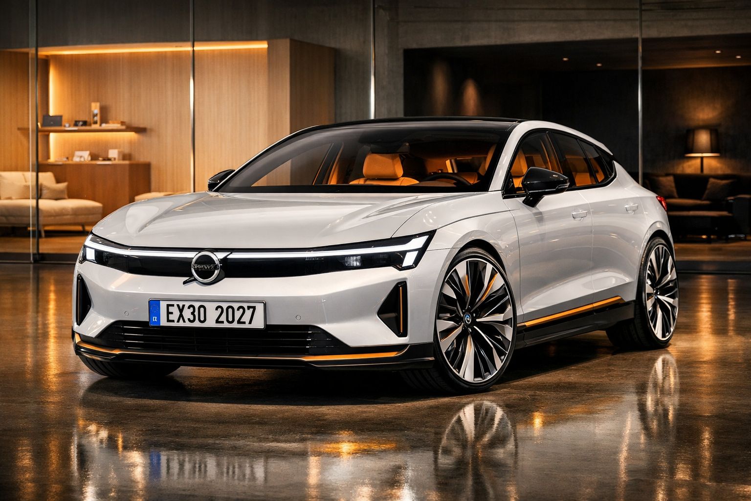 Automóvel elétrico Volvo Polestar 2 branco, estacionado em interior moderno com chão refletor.