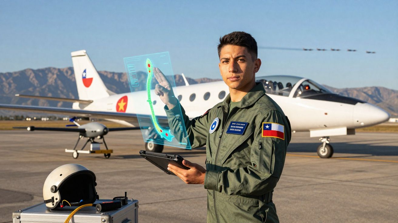 Piloto militar em fato de voo segurando tablet com holograma, com avião branco e montanhas ao fundo.