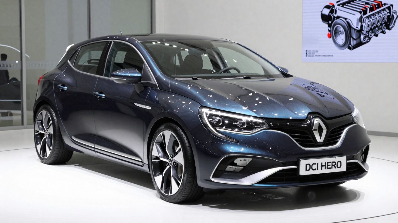Automóvel Renault DCI Hero preto exibido numa feira automóvel.