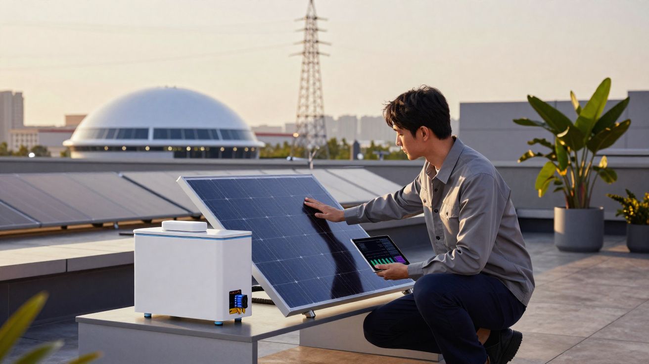 Homem a inspecionar painel solar num terraço urbano ao pôr do sol, segurando tablet com gráficos.